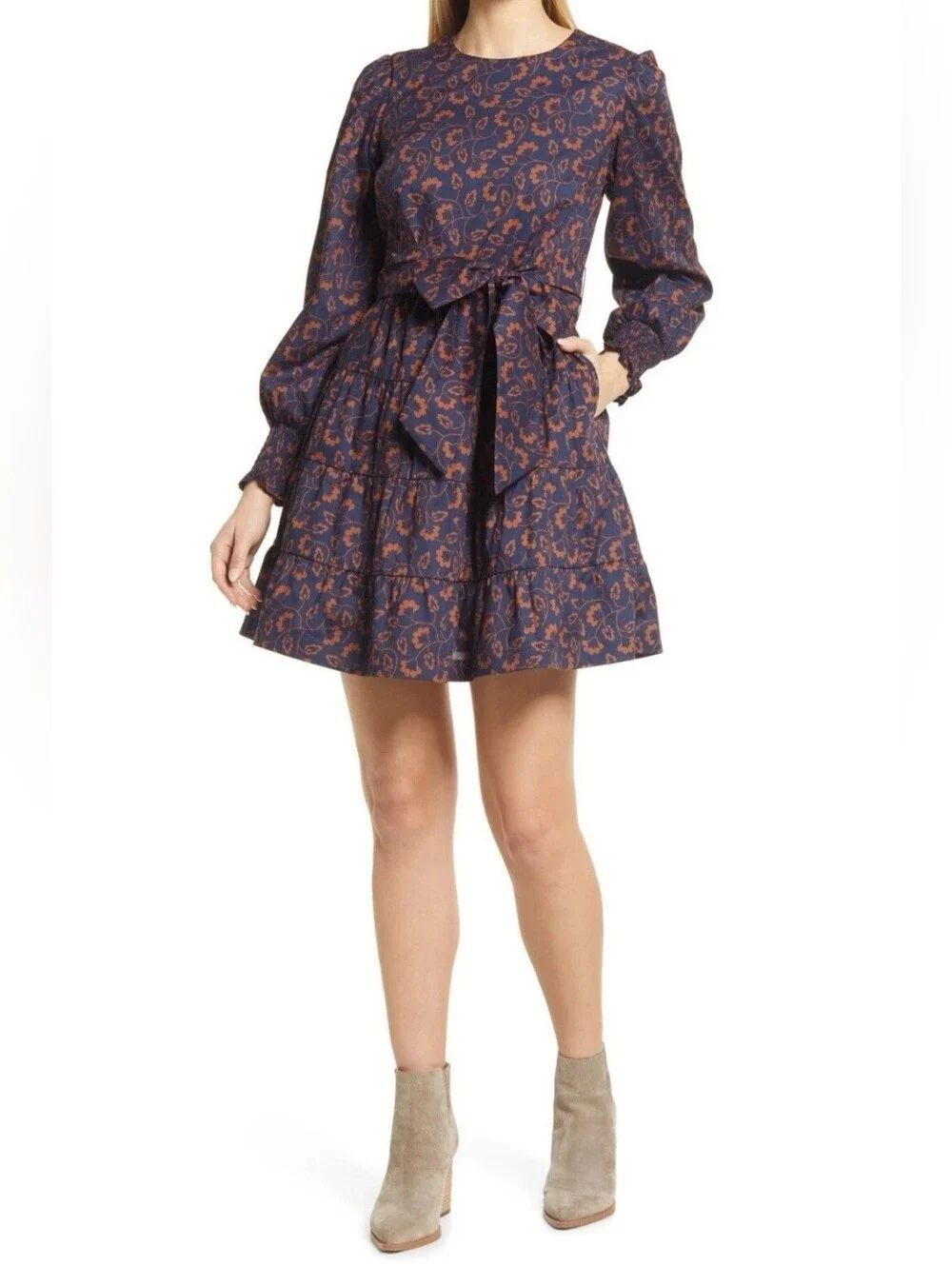 Boden Lyla French Navy Floral Tiered Ruffle Mini Dress Size US 4